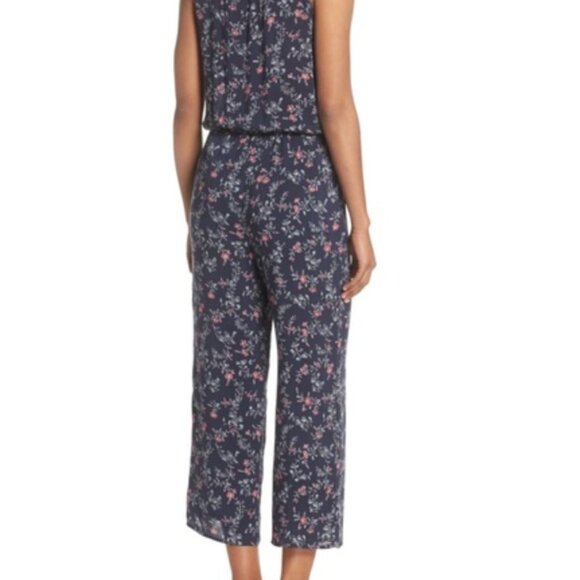 Paige Paletta jumpsuit navy and primrose floral crop lined legs belted S - Picture 3 of 13